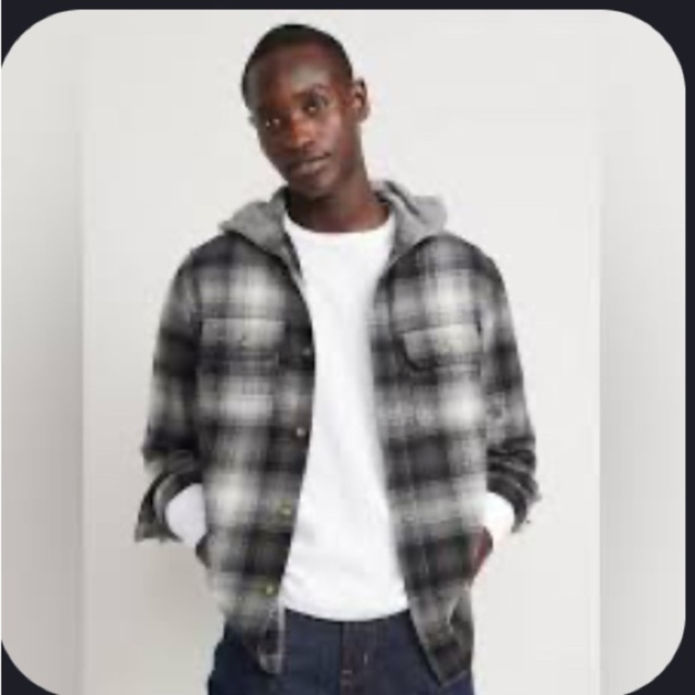 Old Navy Black and Gray Plaid Hoodie buttoned Shirt double brushed for softness